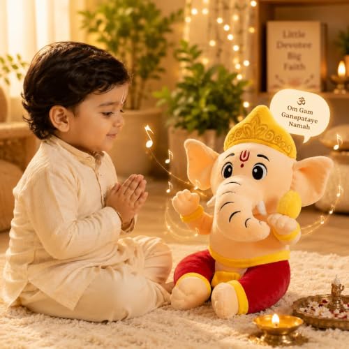 Image of AVSHUB God Soft Toy for Kids Divine Mantra Chanting Baby Ganesha with 3 Preloaded Mantras & Aartis, Musical Soft Plush Toy, Return Gift for Infants, Toddlers & Kids (Medium - 25 Cm)