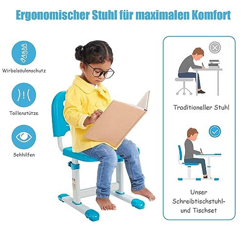 GOPLUS Escritorio infantil de altura ajustable con silla, altura ajustable e inclinable, diseño ergonómico con cajón, a partir de 4 años (azul) - imagen 6