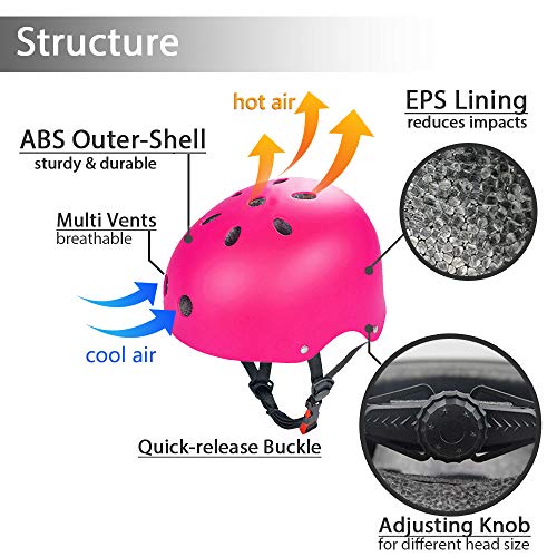 Besmall Adjustable Skateboard Skate Helmet With Protective Gear Knee Pads Elbow Pads Wrist Pads For Youth Outdoor Sports, Bmx, Skateboard, Scooter, Bike, Roller, Kid's Protective Gear Set Rose M #TOP3