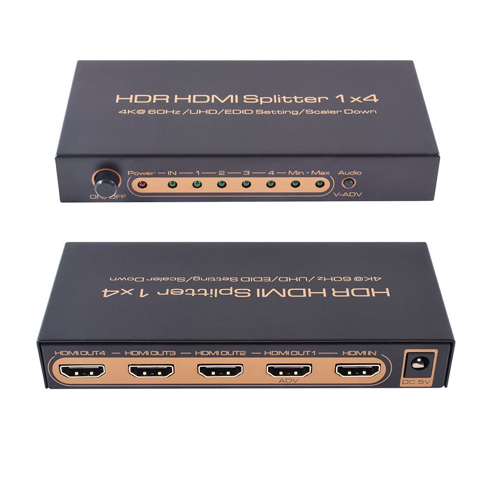 HDMI 2.0 Splitter 1x4 （Scaler) Support HDCP 2.2, 4K/60Hz UHD/EDID Setting/Scaler Down