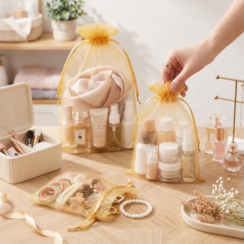 Image of FUNFERY 100PCS Gold Organza Gift Bags 5x7in,Drawstring Pouch for Jewelry