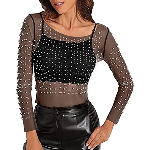 トップス melt the lady sheer cover tops Women's Pearl Dress Cover ups Long Sleeve mesh Dress Sheer