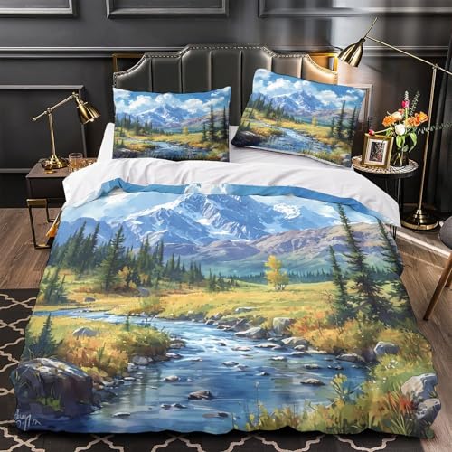 Housse de couette montagne 3D anti-acarien parure lit microfibre fermeture éclair