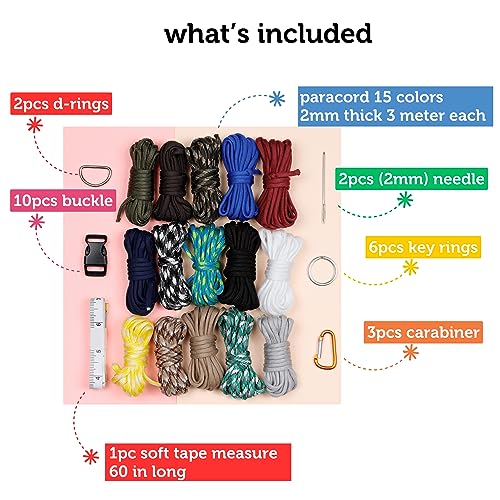Incraftables Kit de paracord com corda de paracord de 15 cores (2 mm), fivela, chaveiro, mosquetão e