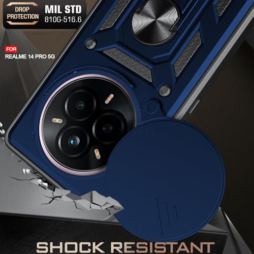 Image of AESTMO Tough Armor Realme 14 Pro 5G Bumper Back Case Cover | Ring Holder & Sliding Camera Cover | 360 Degree Protection Back Case Cover for Realme 14 Pro 5G (Blue)