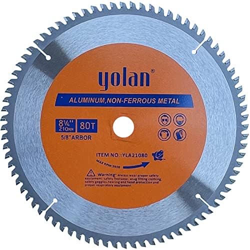 Yolan 8-1/4-Inch 80 Teeth Circular Saw Blade with 5/8-Inch Diamond Knockout Arbor, Steel for Cutting Aluminum, Non-Ferrous Metals Table Saw Accessories,Polished Mitersaw Blade Silver