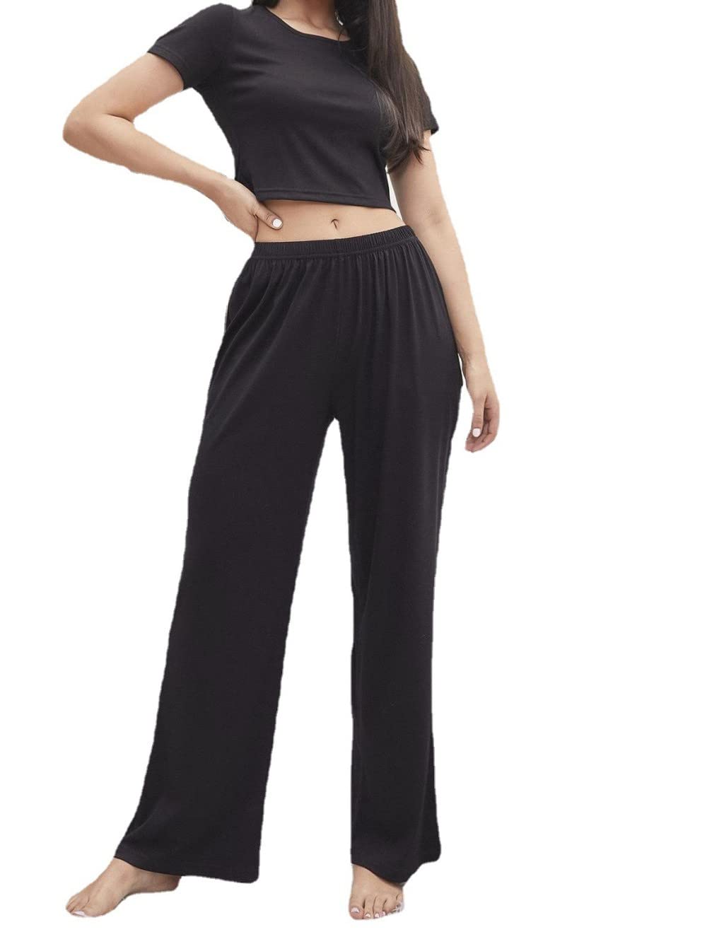 Donna Pigiama Estivo Due Pezzi,Pantaloni A Gamba Larga Top Nero Womens Estate Manica Corta Pigiama 2 Pezzi Set Morbido Pigiama alla Moda Loungewear Regalo Festa della Mamma per Moglie Fidanzata Mamm