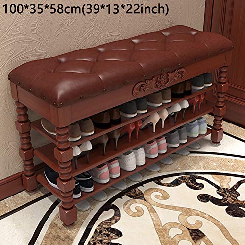 Bamboo Shoe Bench Rack 3 Layer Shoe Rack Shoe Stool Storage Stool, with Cushion Upholstered Padded Seat Storage Shelf Bench for Hallway Entryway,A,100 * 35 * 58cm(39 * 13 * 22inch)