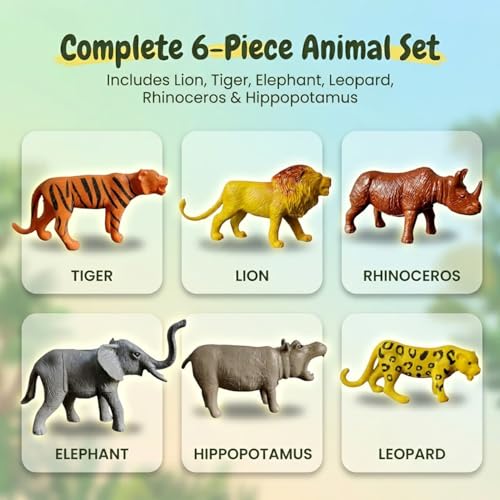 Image of ZESTHOME Wild Animals Playset for Kids - Lion, Tiger, Elephant, Zebra, Rhinoceros, Hippopotamus | Realistic PVC Jungle Animal Figurines | Educational Pretend Play Toys for Boys & Girls | 6 pcs