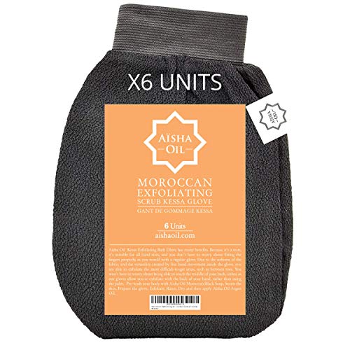 Moroccan Exfoliating Gloves By Aisha Oil | Skin-Rejuvenating Body Scrub Gloves | Kessa Hammam Exfoliator Mitts For Men & Women | Spa Grade Shower Scrubbing Mittens | Remove Dead Skin Cells (6 Units)