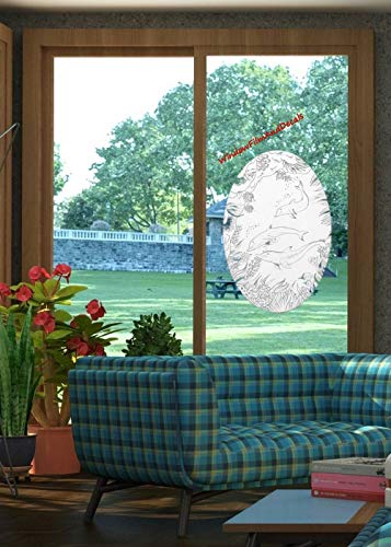 Dolphin Scene Oval Etched Window Decal Vinyl Glass Cling - 21" X 33" - White With Clear Design Elements #TOP7