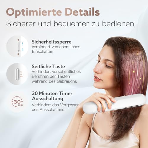 webeauty Glättbürste Kabellos, 200 Millionen Negative Ionen Glättungsbürste, Wiederaufladbare Haarglätter Bürste, Tragbare Mini Glättbürste mit Typ C Ladekabel für Reise, Weiß