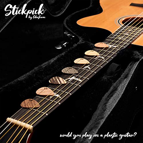 Stickpick® | Set mit 7 flexiblen Gitarrenplektren aus edlem Echtholz | für E-, Akustik, und Bass-Gitarren in verschiedenen Stärken | in hochwertiger Aluminiumdose | Made in Germany