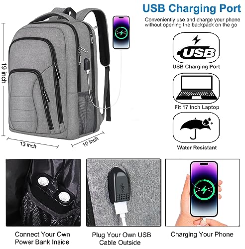 Travel Backpack, TSA Friendly 17 Inch Large Laptop Backpack for Men Women Water Resistant Business Carry On Backpacks with USB Charger Port and Luggage Sleeve Work Anti Theft Rucksack, Grey3