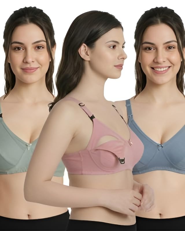 HivraSoft Maternity Nursing Bra, Cotton, Wire-Free, Full Coverage, Adjustable Shoulder Straps, Nursing Clip, Pack of 3-picture-11