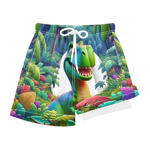 YANENDIE Boy Swim Trunks with Compression Liner Green Dinosaur Boys Swim Shorts Quick Dry Beach Shorts