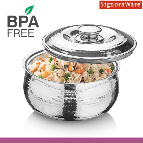 Image of Signoraware Hot Delight Hammered Stainless Steel Casserole | Airtight Lid | Retain Freshness | Great For Travelling or Small Gatherings | Perfect For Hot Curry, Chapatti & Rice (2.1 Ltr | Steel)
