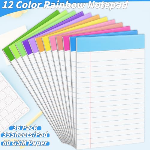 Image of 36 Pack Legal Pads 5 x 8 Inch Rainbow Notepads Wide Ruled Writing Pads