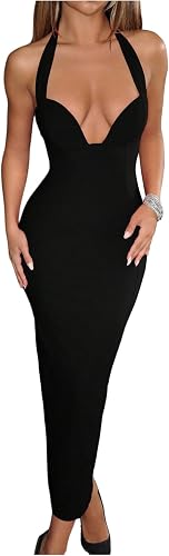 SOLY HUX Women's Halter Bodycon Dress Sleeveless Split Back Party Cocktail Long 