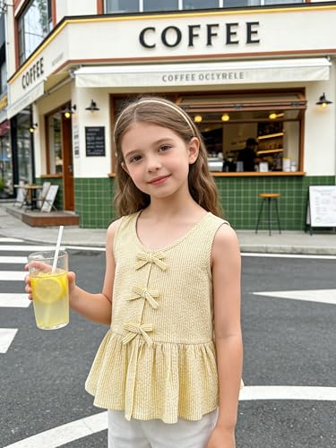 Image of Girls Sleeveless Striped Shirts Bowknot Tank Tops Cotton Peplum Babydoll Top