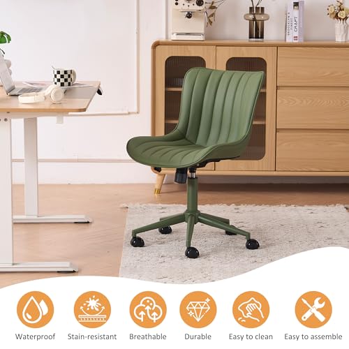 Image of YOUNIKE Office Desk Chair with Wheels Armless Vanity Chair Ergonomic Green | Faux Leather Upholstered with Rocking Back, Swivel Height Adjustable, Modern Small Cute Task Chair For Sewing Drafting