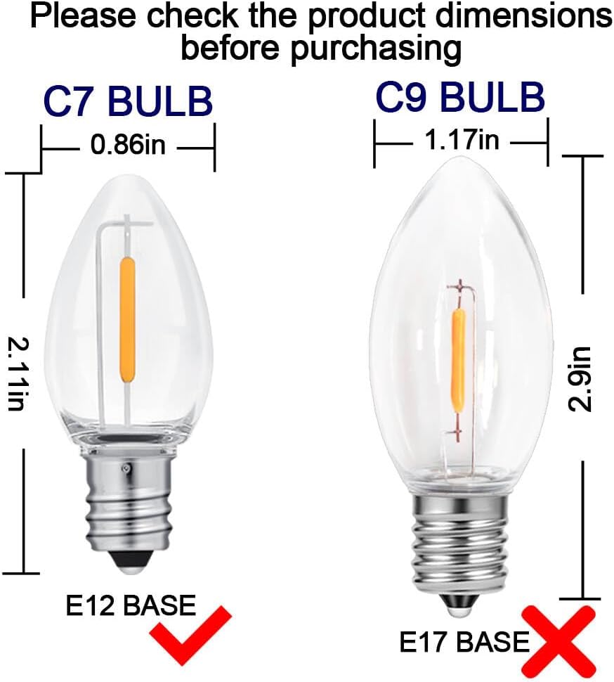 NETEHA 6 Pack C7 Clear Led Replacement Christmas Light Bulb, C7 E12 Base 120V Waterproof Led Bulbs for Christmas Outdoor String Lights, Halloween Decoration Bulb