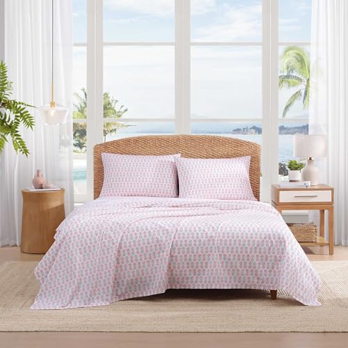 Image of Tommy Bahama - King Sheets, Cotton Percale Coastal Bedding Set with Matching Pillowcases, Crisp & Cool, Coastal Room Essentials (Pineapple Splash Pink, King)