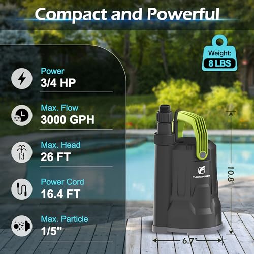 Image of 3 /4HP 3000GPH Submersible Sump Water Pump, Simple Manual Control for Swimming Pool Garden Pond Basement Draining, with 16.4Ft Cord, Adapters, Check Valve and Rope