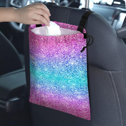 Image of Car Trash Bag Hanging Back of Seat Waterproof Small Cute Printed One-handed Strap Drawstring Garbage Bags for Car-Glitter Pink