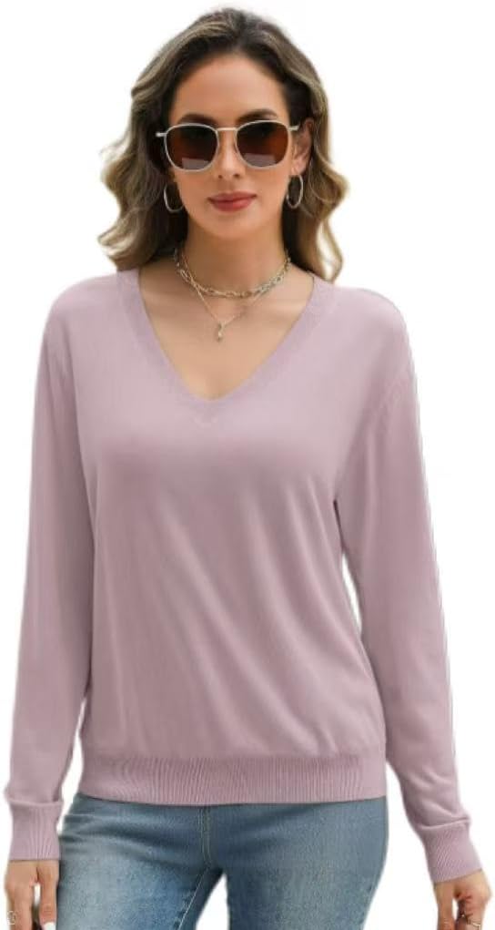 Women's V-Neck Knit Sweater, Long Sleeve, Red, Casual Pullover