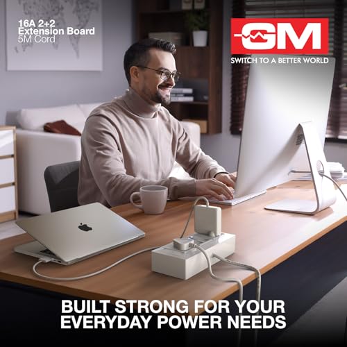 Image of GM Cuba 16A 2+2 Extension Board with 5Mtr Extension Cord, Heavy-Duty Power Strip with Dual 20A Switches, 16A 3-Pin Plug, for High-Power Appliances, Home, Kitchen & Office Use, White