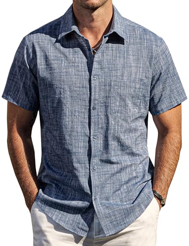 AOTIK Mens Chambray Shirts Casual Button Down Shirt Short Sleeve Beach Summer Wedding Shirt Large Black