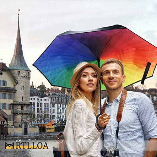 Image of MRTLLOA Double Layer Inverted Umbrella with C-Shaped Handle, Anti-UV Waterproof Windproof Straight Umbrella for Car Rain Outdoor Use (N-Rainbow)