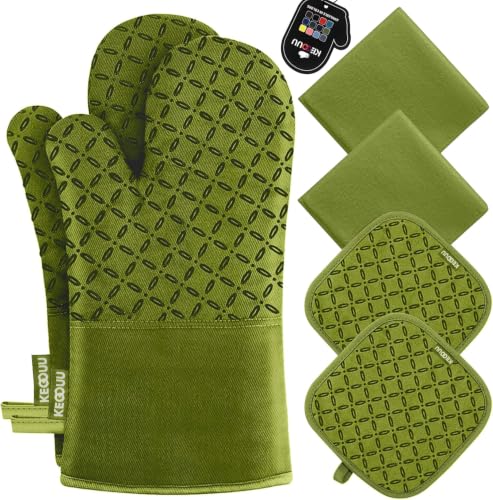 KEGOUU Oven Mitts and Pot Holders 6pcs Set, Kitchen Oven Glove High Heat Resistant 500 Degree Extra Long Oven Mitts and Potholder with Non-Slip Silicone Surface for Cooking (Olive Drab)