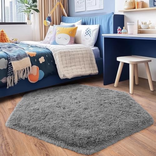 4x4.6 Feet Grey Hexagon Rugs for Bedroom, Ultra Soft Fluffy Hexagon Area Rug for Kids Room, Cute Shag Rugs for Boys Girls Room, Fuzzy Plush Carpet for Tent Castle Home Decor