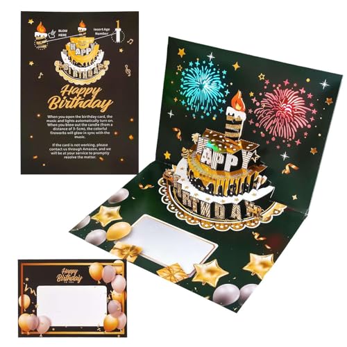 誕生日ポップアップカード - 封筒付き歌うバースデーカード、ライト付きの歌う誕生日グリーティングカード 女性、男性、お母さん、夫用