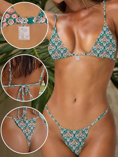Image of OWICA Women's Sexy Triangle Bikini Sets Cheeky Thong Swimsuit Adjustable Spaghetti Straps Bathing Suit Blue Floral