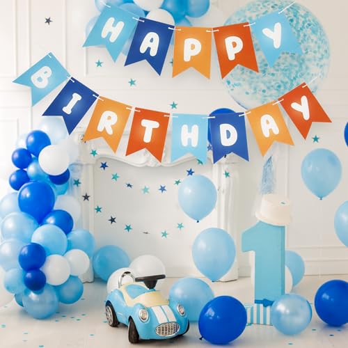 Image of Picoway Blue Happy Birthday Banner, Blue and Orange Themed Party Decorations Supplies for Boy and Girl, Birthday Banners Decor Backdrop