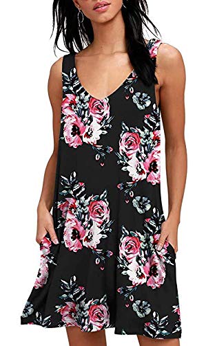 WUIIEN Robes d'été pour Femmes Plage Boho sans Manches Vintage Poche Florale t-Shirt débardeur Poches décontracté Robe Ample Col en V avec Poches d'été Casual Robe Cover