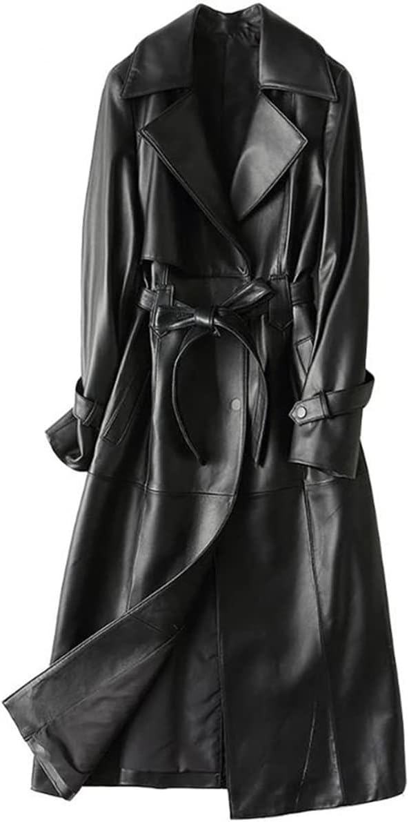 JILDISH Women's Fine Grain Leather Trench Coat - Ladies Black Lambskin Long Leather Over Coat with Belt