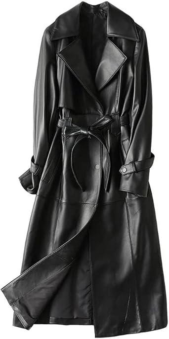 Womens Fine Grain Leather Trench Coat - Ladies Black Lambskin Long Leather Over Coat with Belt