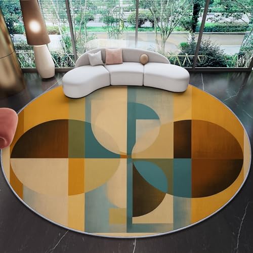 Alfombra Redonda Franela 100 cm - Marrón Beige Antideslizante Plegable Pelo Corto Arte Modernas geométricas círculos Medievales Patrón Alfombra para Salón Cocina Dormitorio o Terraza Decorativo