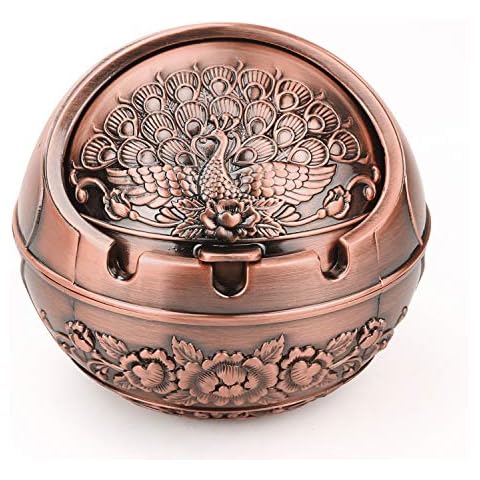 Vintage Decorative Windproof Ashtray with Lid for Cigarettes Metal Portable Cigarette Ashtray Odor Indoor outdoor Fancy Gift Ornament for Men Women Home Office (Peacock-Red Copper) Cover