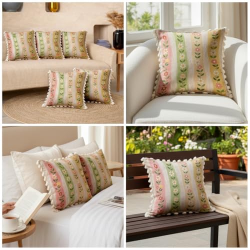 Image of STITCHNEST 'Little Meadow Series' Tassled Cushion Cover | Set of 2 | Floral Cushion Cover 16 inch x 16 inch