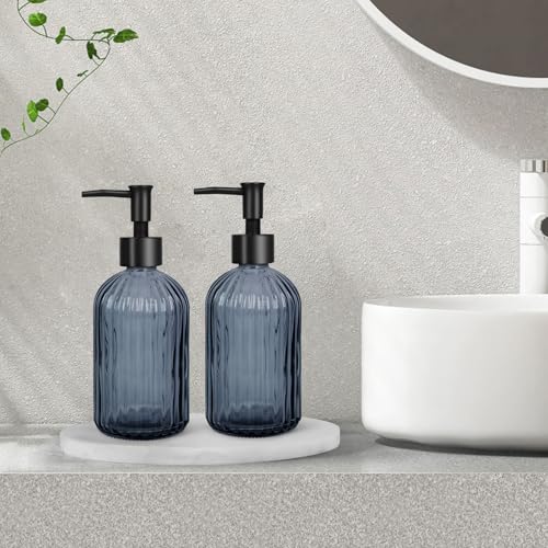 2 Pack Stripe Glass Soap Dispenser with Black Plastic Pump, 400ml Liquid Hand Soap Dispenser, Rustproof Pump for Kitchen & Bathroom, Great for Lotions, Essential Oil, Liquid Soaps- (Grayish Blue)2