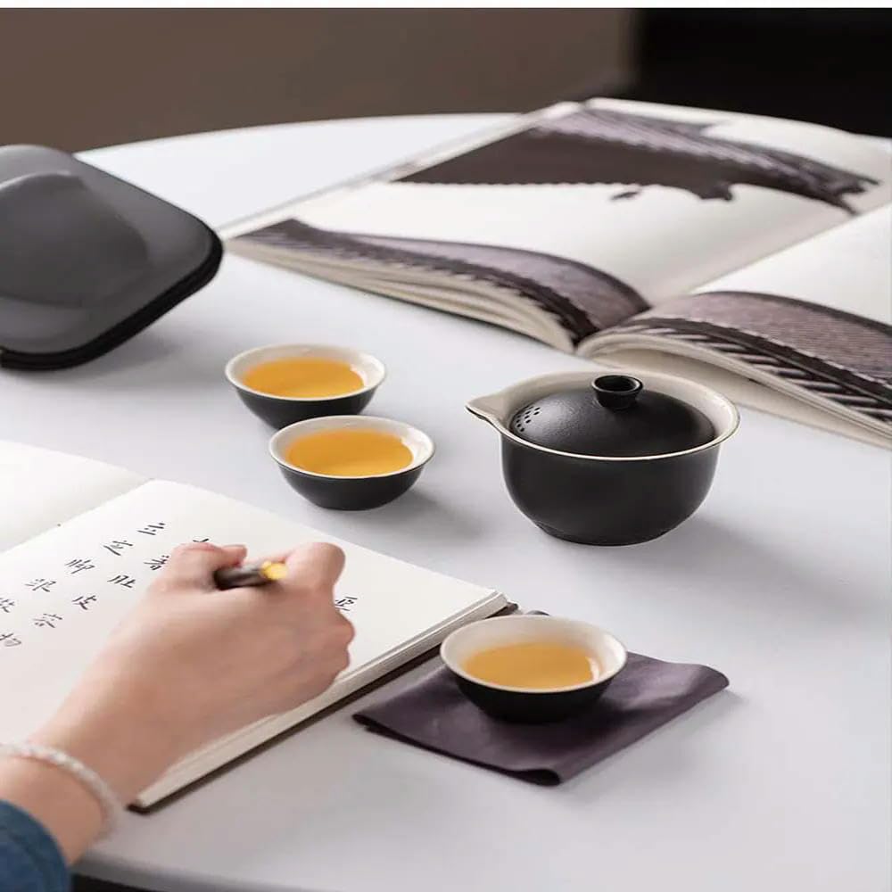 Podróżny ceramiczny zestaw do herbaty Kung Fu, Zestaw do herbaty Kung Fu z czajnikiem i filiżankami, wielokolorowa ceramika, 4 szt.(White)