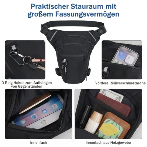 Beintasche Motorrad für Herren Damen - wasserdichte Oberschenkeltasche, Motorrad Tasche Motorrad Zubehör, Bauchtasche Erweiterbare Stauraum Verstellbare Beinriemen für Wandern Radfahren