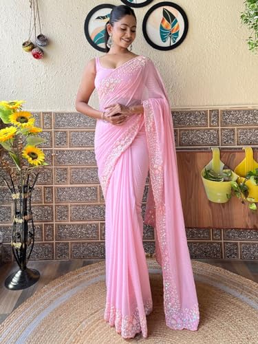 Image of AKHILAM Women's Multicolor Georgette Embellished Saree with Unstitched Blouse Piece(KESARI9501 KR Parent)