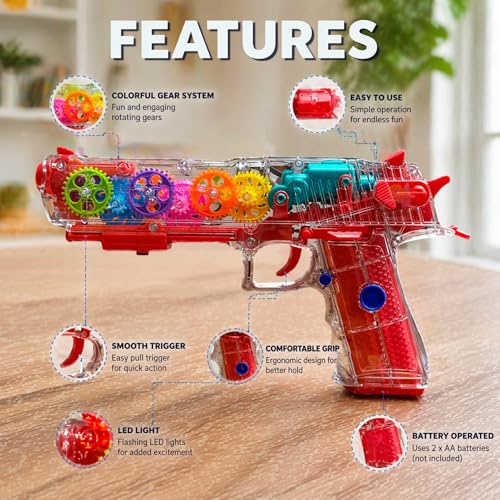 Image of WISHKEY Plastic Gear Simulation Toy Gun for Kids, Pretend Play Gun Toys with Flashing Lights and Exciting Music, Electric Laser Toy Guns with Rotating Gear Mechanism, Red, 3+ Years (Pack of 1)