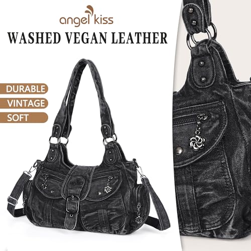 Angel Kiss Hobo Bags for Women Denim Shoulder Purses and Hand bags Ladies Roomy Tote Bags Purse with Crossbody Strap,Black by Angel Kiss - Used condition - Image 4
